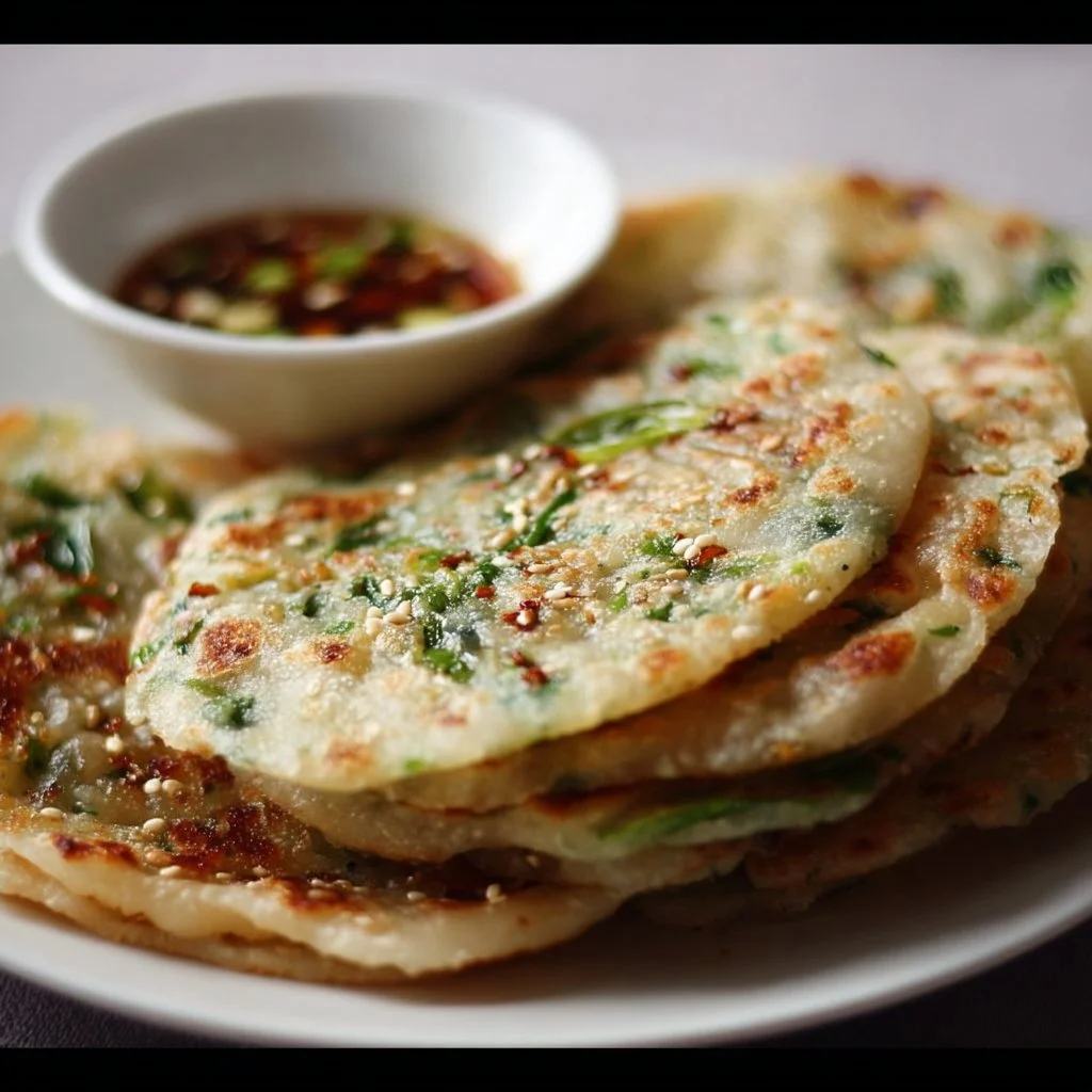Delicious rice paper scallion pancakes served with dipping sauce