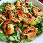 Shrimp Spinach Salad with avocado ranch dressing, fresh ingredients on a plate