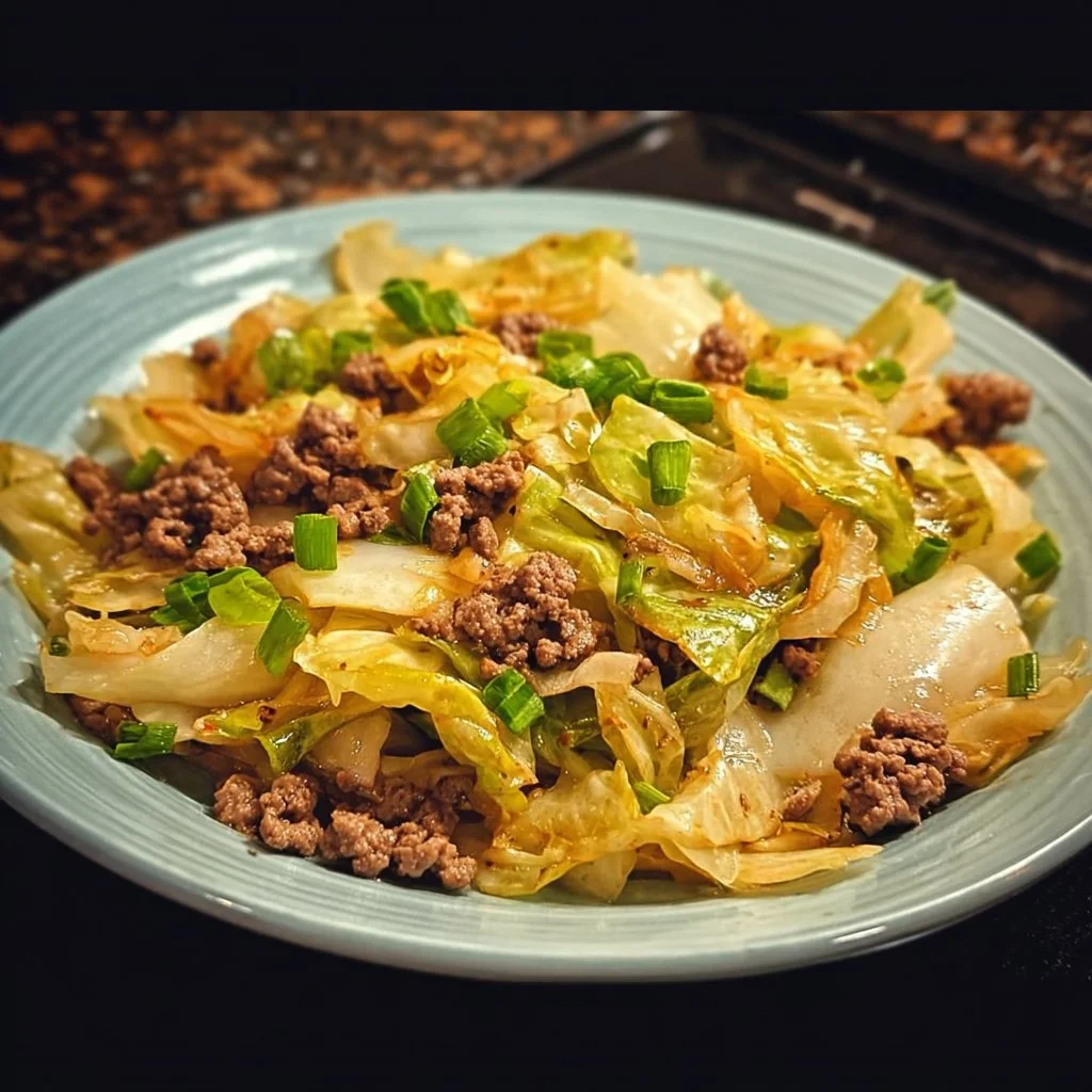 Plate of butter fried cabbage with ground beef, garnished with herbs.