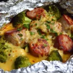 Cheesy Sausage and Broccoli Foil Packet Dinner ready to serve