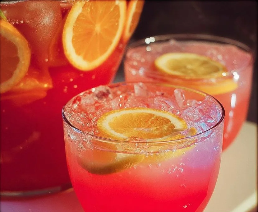 Jamaican Me Crazy Party Punch served in a colorful bowl with fruit garnishes