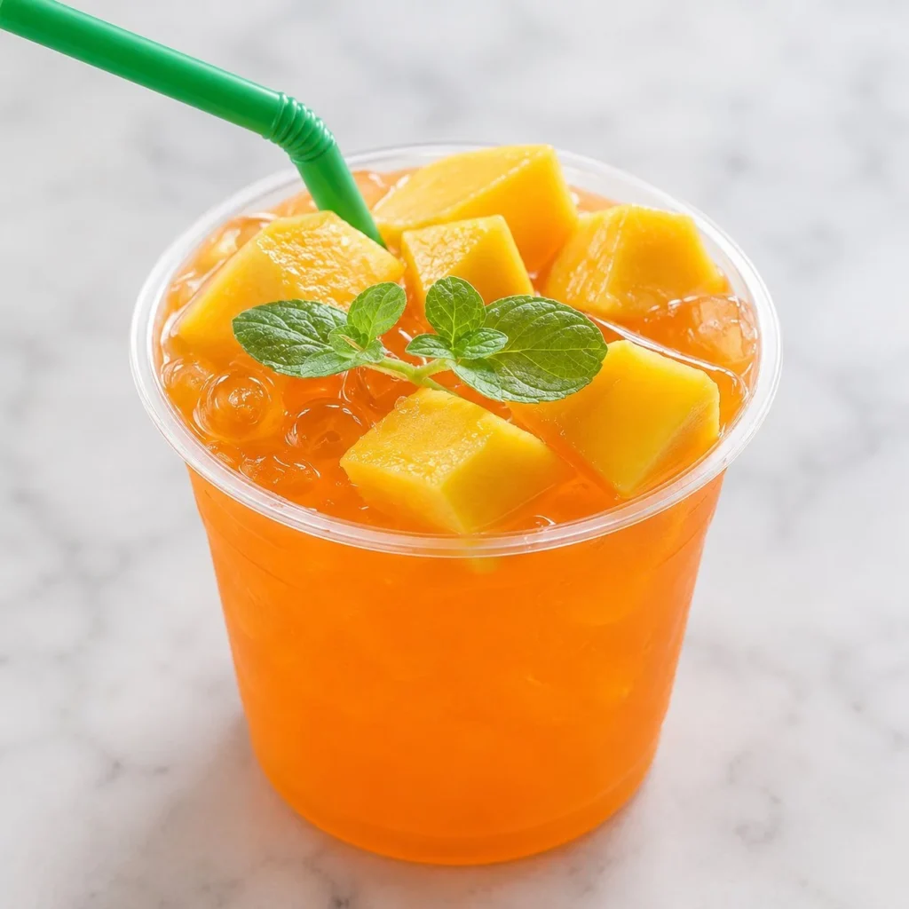 A refreshing glass of mango iced tea with fresh mango slices and ice cubes