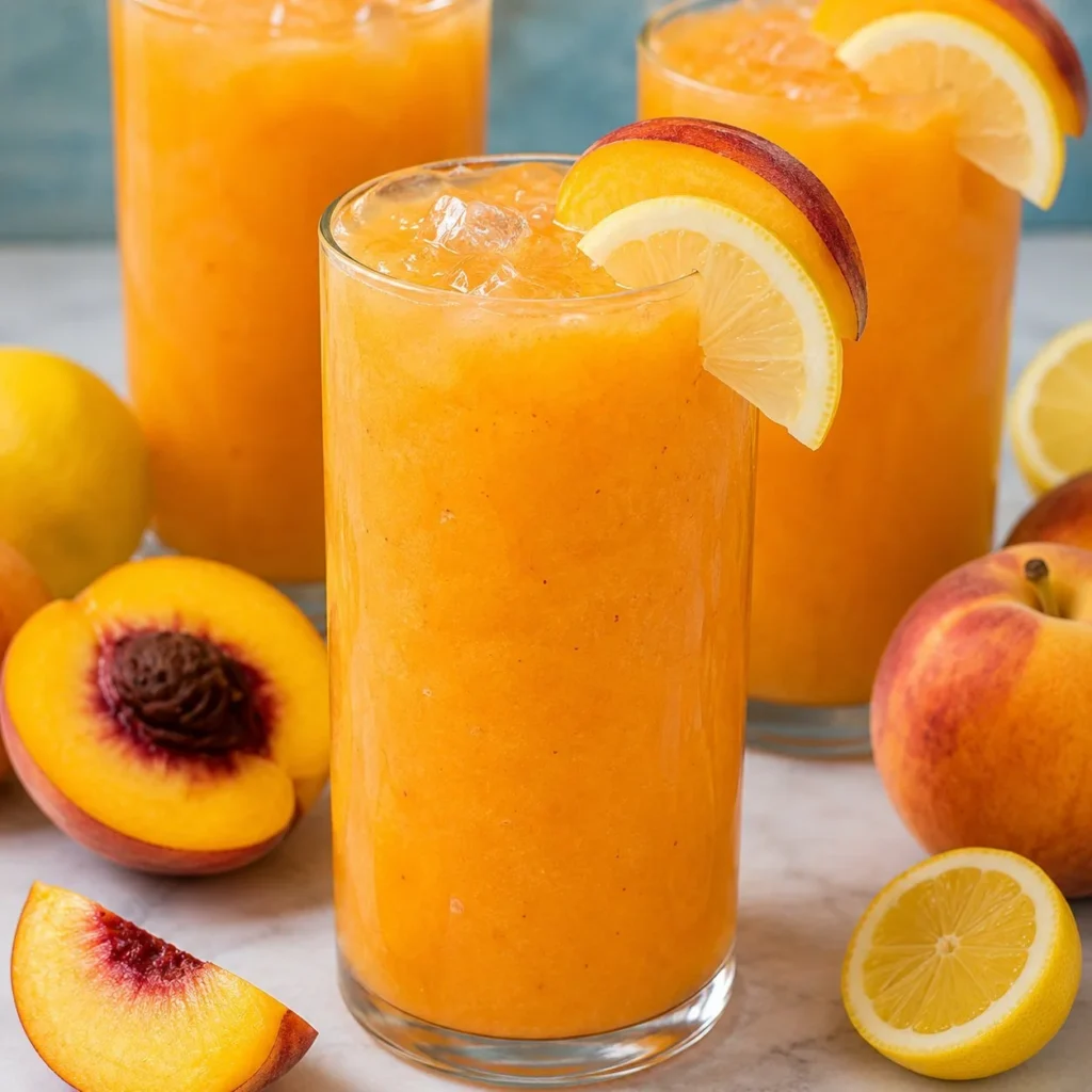 Freshly made Peach Lemonade in a glass with peaches and lemons
