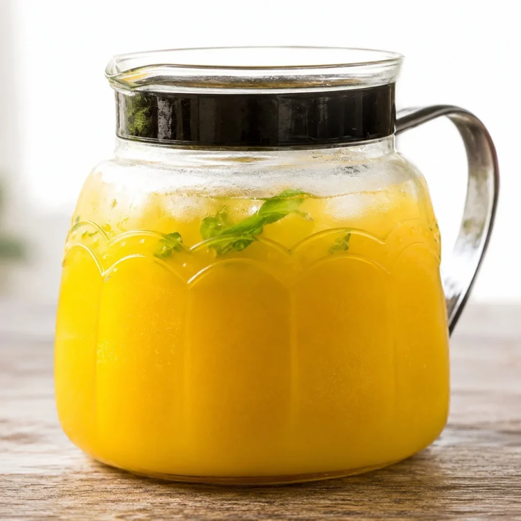 A refreshing glass of easy mango lemonade with vibrant colors and garnished with fruit.