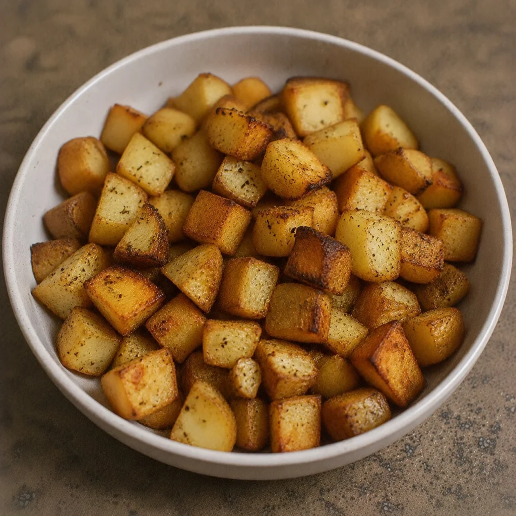 Delicious air fryer diced potatoes perfectly cooked and served on a plate.