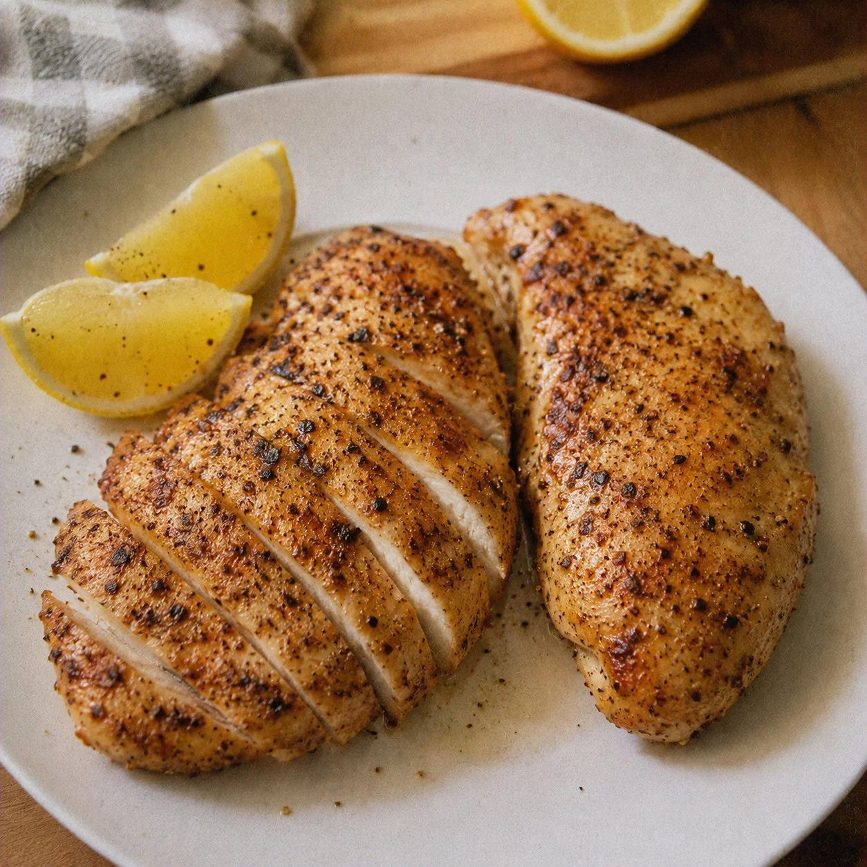 Delicious Air Fryer Lemon Pepper Chicken Breast garnished with herbs.