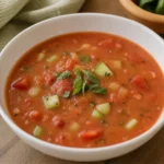 A variety of refreshing summer soup bowls garnished with fresh herbs and vegetables.