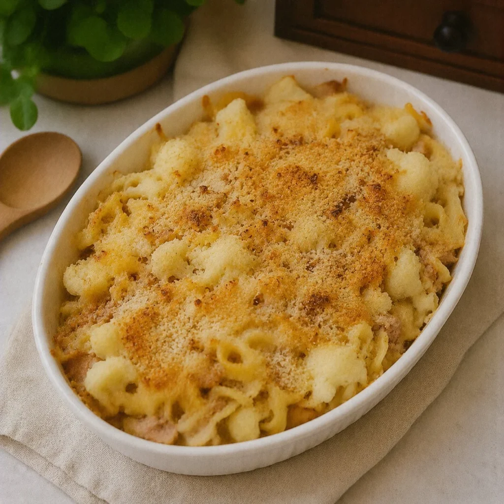 Cauliflower Tuna Noodle Casserole served in a baking dish