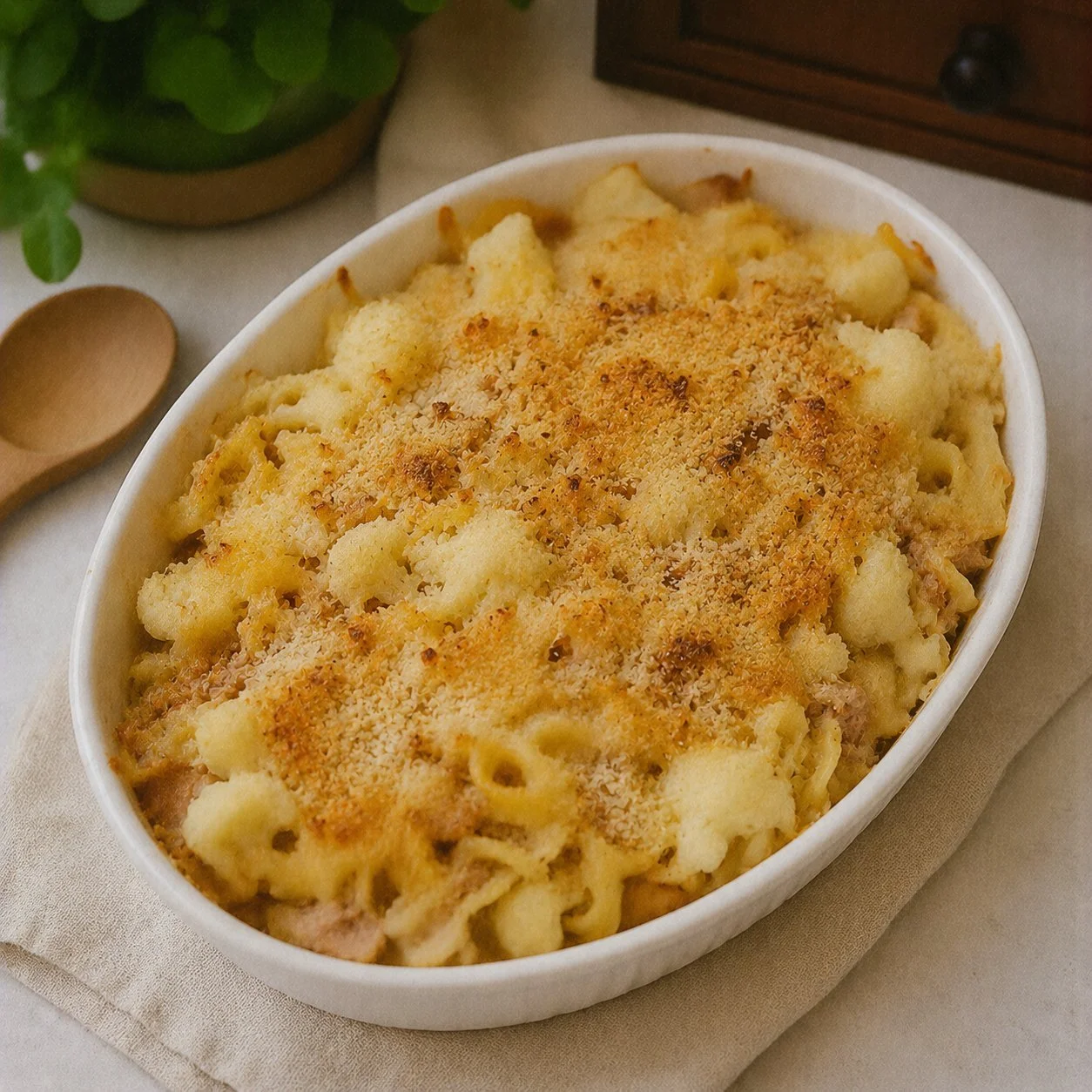Cauliflower Tuna Noodle Casserole served in a baking dish