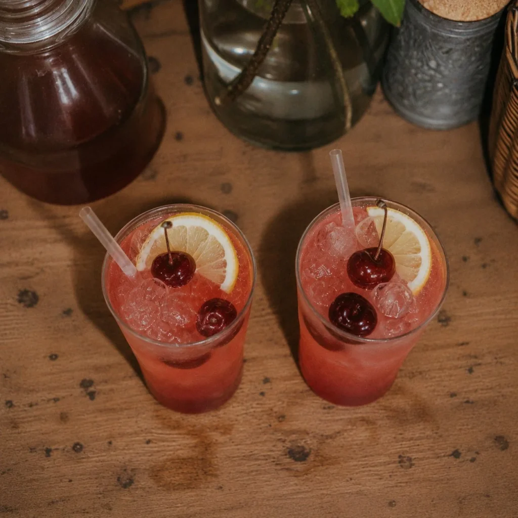 Delicious cherry lemonade in a glass with cherries and lemons