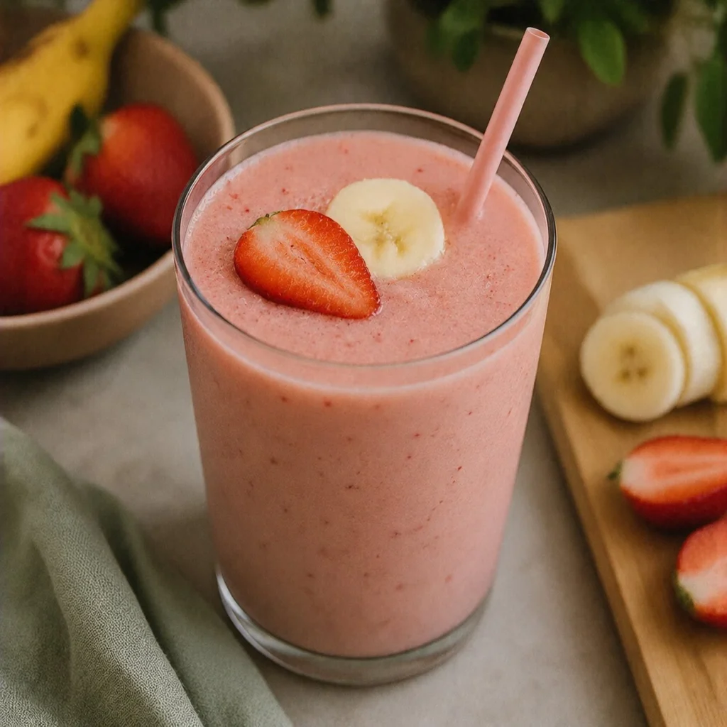 A colorful fruit smoothie made with fresh fruits in a glass