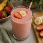 A colorful fruit smoothie made with fresh fruits in a glass
