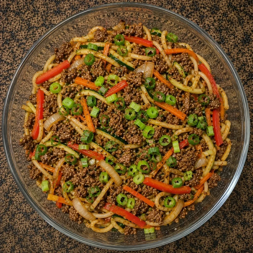 Delicious low carb Beef Lo Mein in a bowl garnished with vegetables