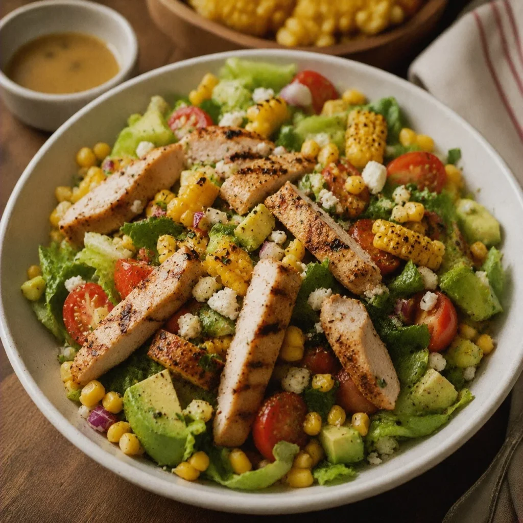 Delicious grilled chicken salad with fresh corn and vegetables