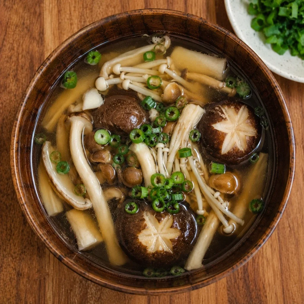 Bowl of Japanese Clear Mushroom Soup garnished with green onions and mushrooms