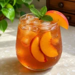 A refreshing glass of peach iced tea with Earl Grey and English Breakfast tea blend.