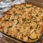 Delicious rotisserie chicken and zucchini casserole in a baking dish