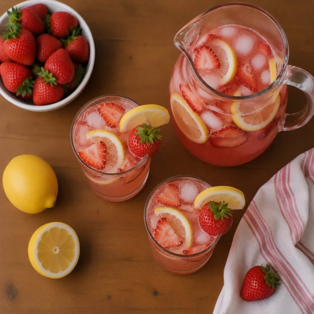 A glass of refreshing Strawberry Lemon Sparkler with fresh strawberries and lemon slices.