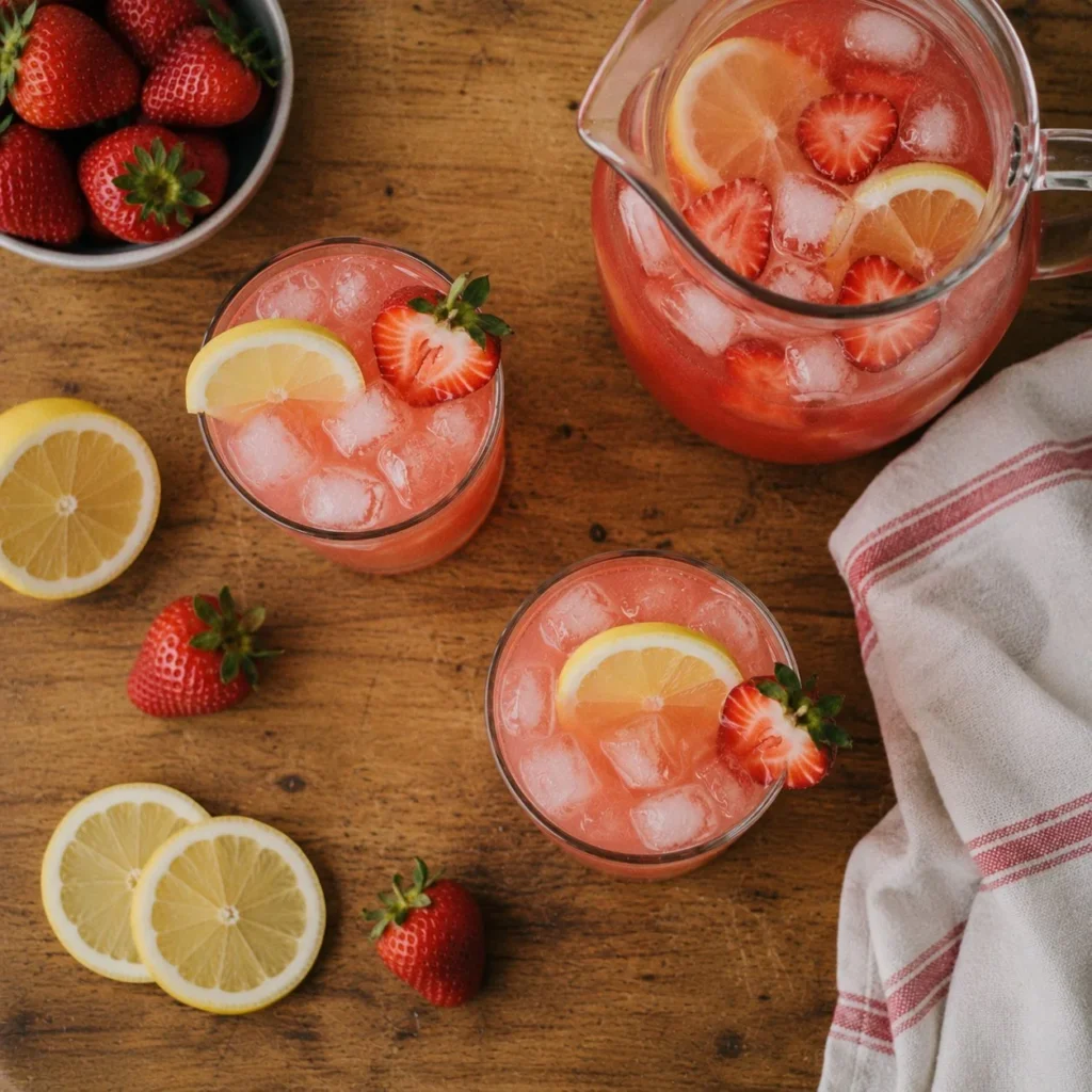 Delicious strawberry lemonade in a glass with fresh strawberries and lemon slices