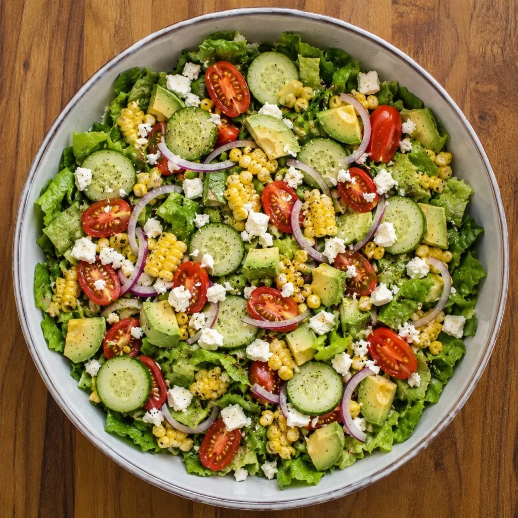 A colorful assortment of summer salads with fresh vegetables and fruits.