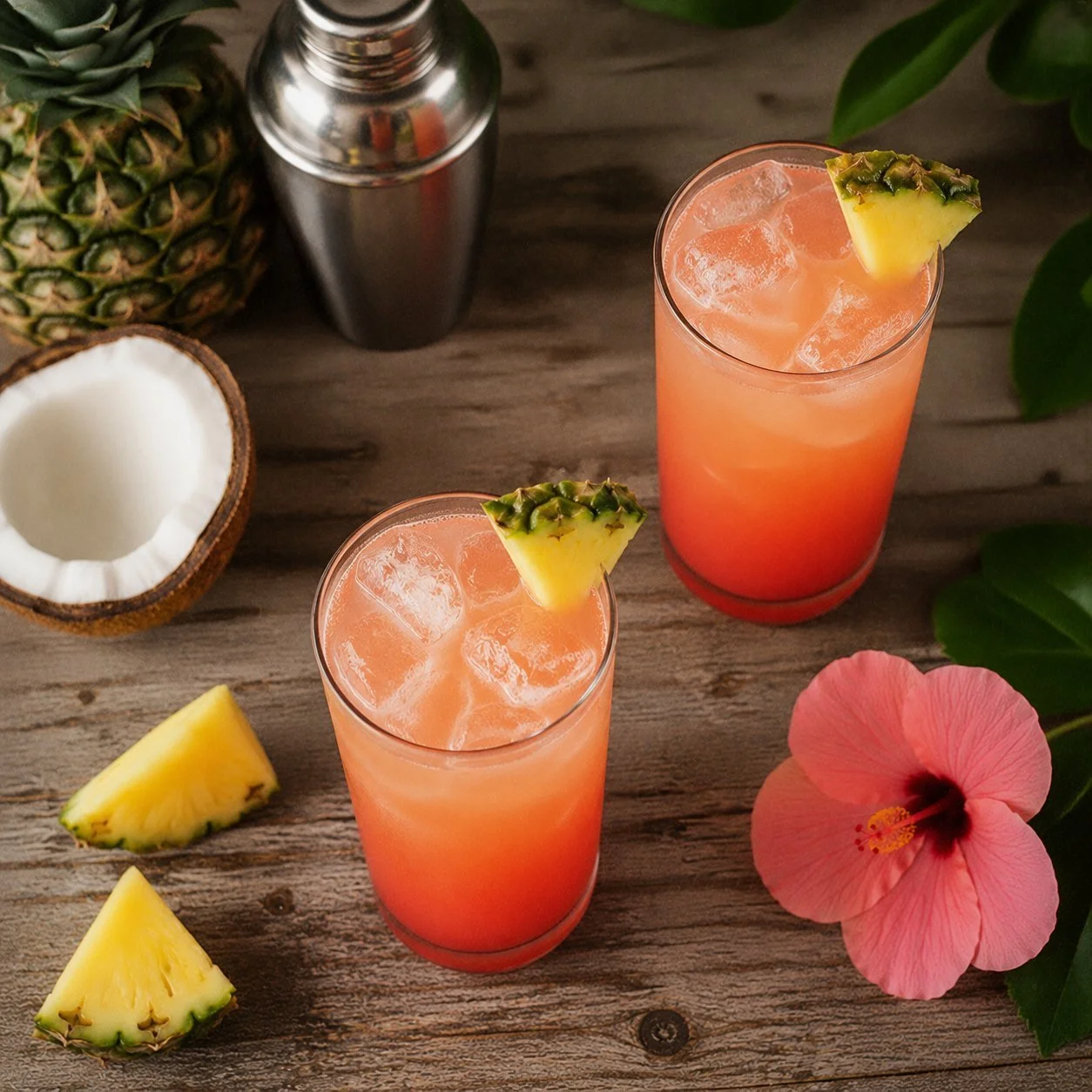 Tropical Bay Breeze cocktail served with fresh fruit garnishes